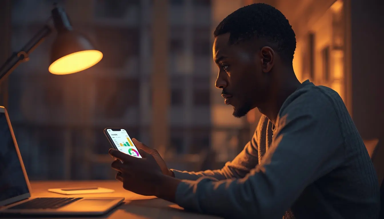 jeune africain utilisant une application pour gérer son budget en FCFA sur son smartphone depuis Abidjan