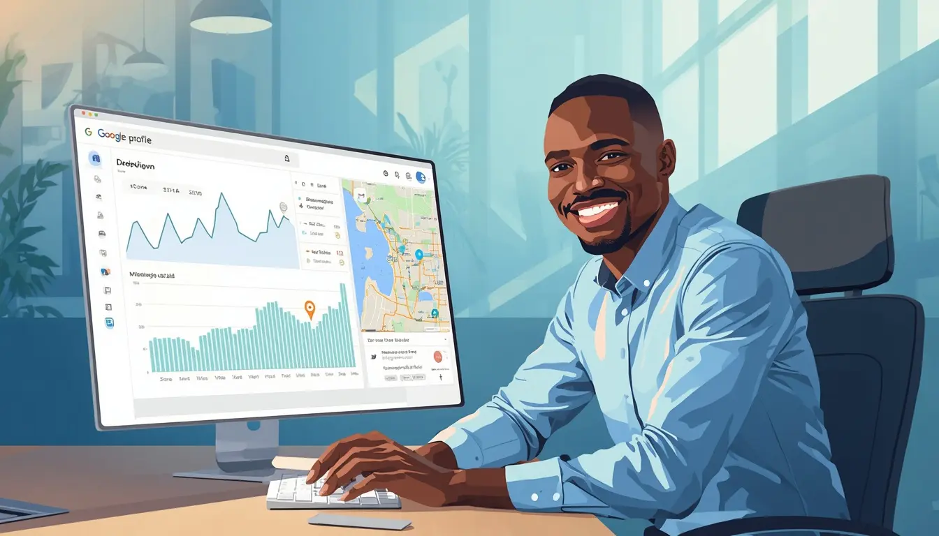 Jeune freelance ivoirien réalisant un audit SEO local pour des PME depuis son bureau à Abidjan, avec tableau de bord Google Business à l'écran