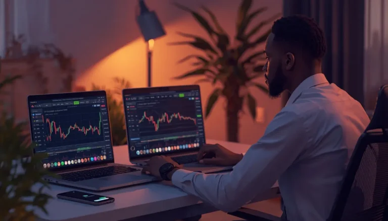 Jeune investisseur africain comparant les plateformes crypto Binance Bybit et OKX depuis son bureau à Abidjan