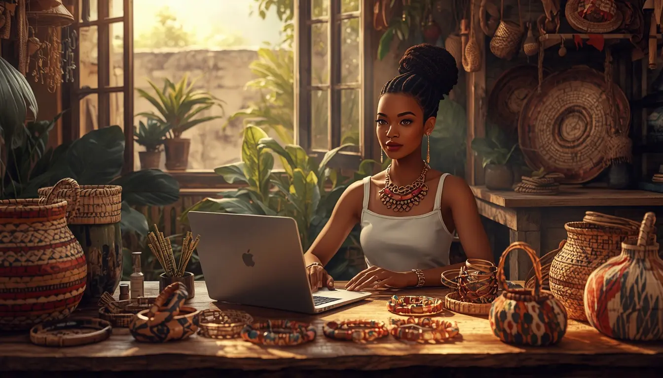 Artisane ivoirienne gérant sa boutique Etsy depuis son atelier à Abidjan avec ses créations en bronze et tissu wax
