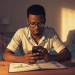 étudiant africain gérant son budget mensuel en FCFA depuis Abidjan avec son smartphone