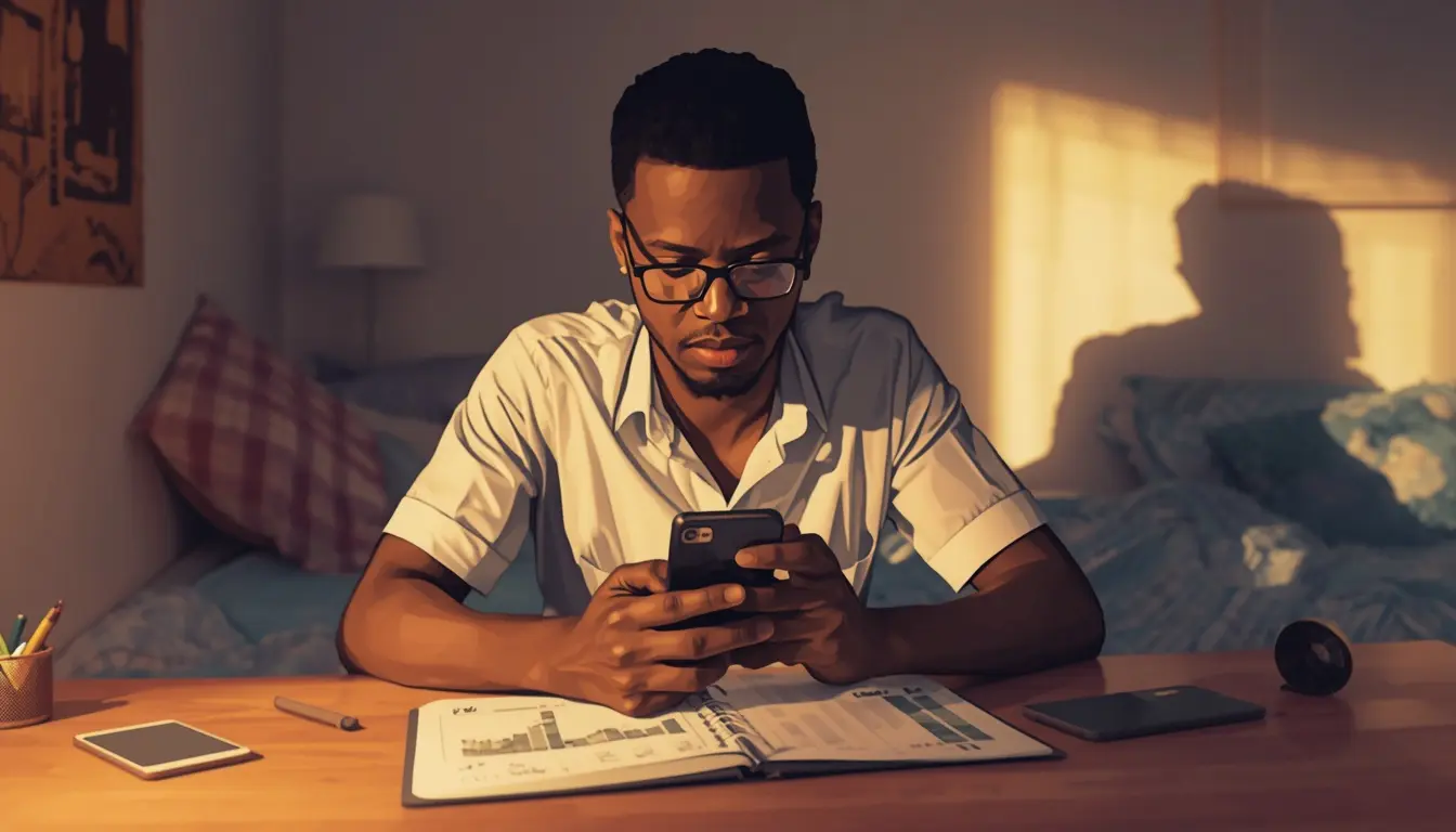 étudiant africain gérant son budget mensuel en FCFA depuis Abidjan avec son smartphone