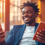 jeune ivoirien comparant compte bancaire et mobile money sur son smartphone depuis un bureau à Abidjan