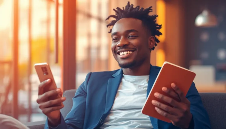 jeune ivoirien comparant compte bancaire et mobile money sur son smartphone depuis un bureau à Abidjan