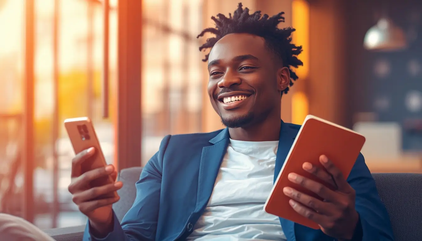 jeune ivoirien comparant compte bancaire et mobile money sur son smartphone depuis un bureau à Abidjan