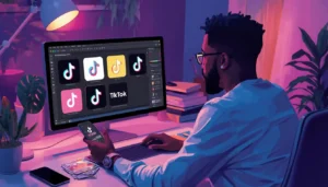 Jeune graphiste ivoirien créant des logos TikTok professionnels sur son ordinateur à Abidjan pour gagner 280 000 FCFA par mois en freelance