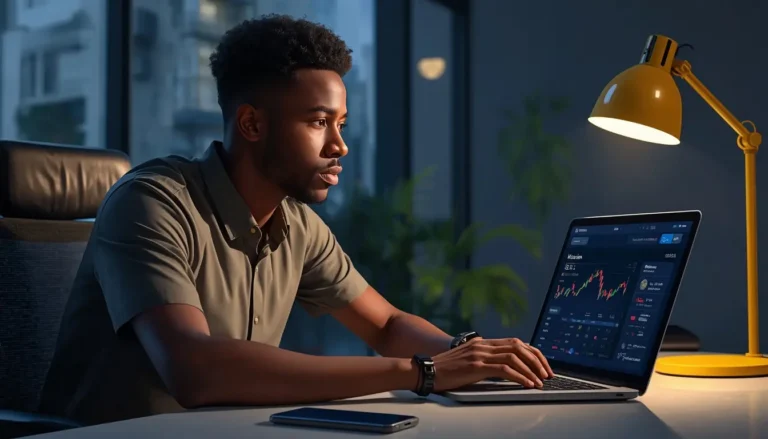 Jeune homme africain analysant les frais crypto pour acheter du Bitcoin depuis Abidjan sur Binance P2P avec Wave