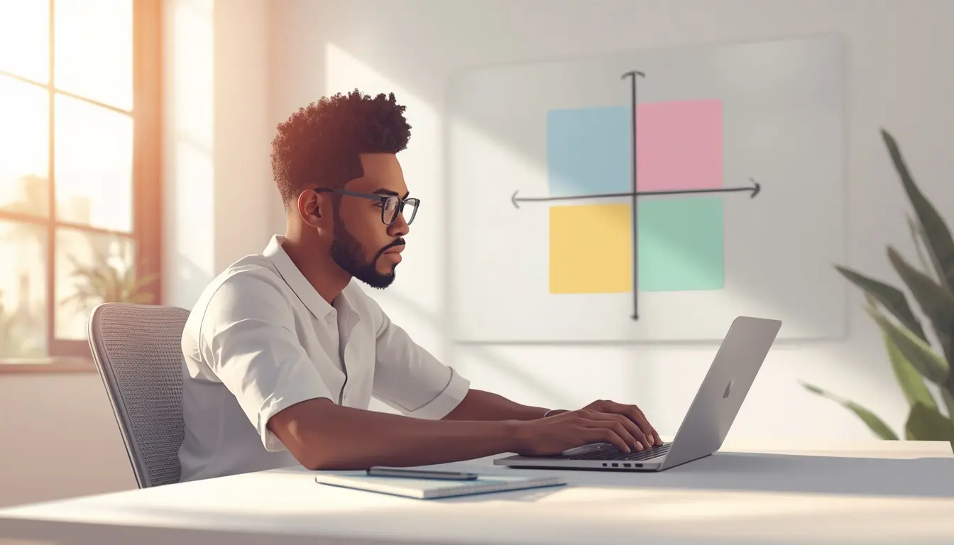 Jeune professionnel africain appliquant la méthode Eisenhower avec une matrice à 4 quadrants pour prioriser ses tâches