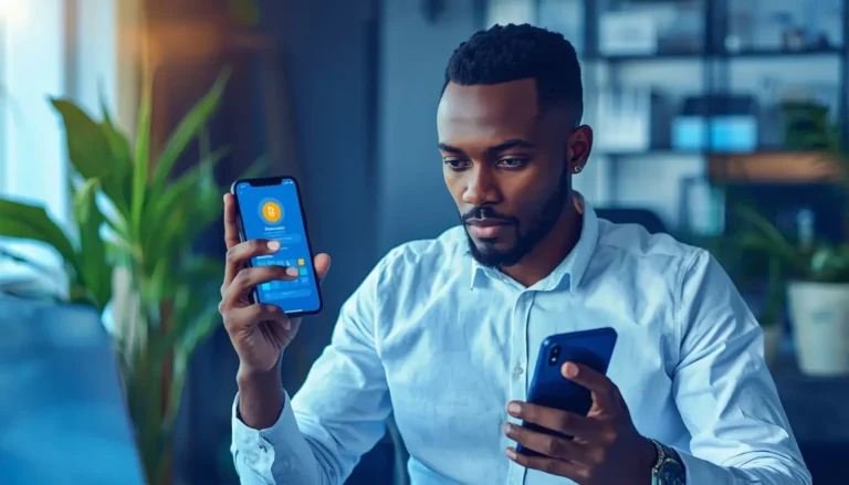 Jeune professionnel africain utilisant un portefeuille crypto mobile sur son smartphone depuis Abidjan