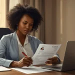 Jeune professionnelle ivoirienne corrigeant un CV à Abidjan pour proposer un service de relecture CV