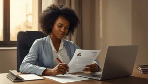 Jeune professionnelle ivoirienne corrigeant un CV à Abidjan pour proposer un service de relecture CV