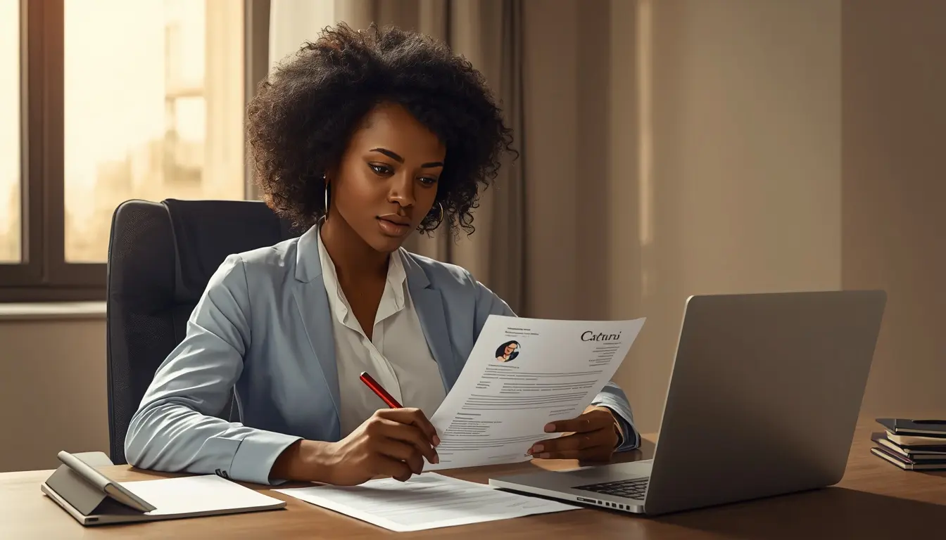 Jeune professionnelle ivoirienne corrigeant un CV à Abidjan pour proposer un service de relecture CV