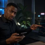 rendement crypto arnaque — jeune professionnel africain analysant une promesse suspecte sur une plateforme crypto
