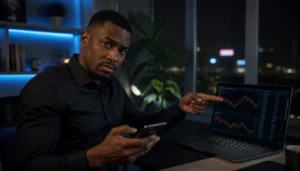 rendement crypto arnaque — jeune professionnel africain analysant une promesse suspecte sur une plateforme crypto