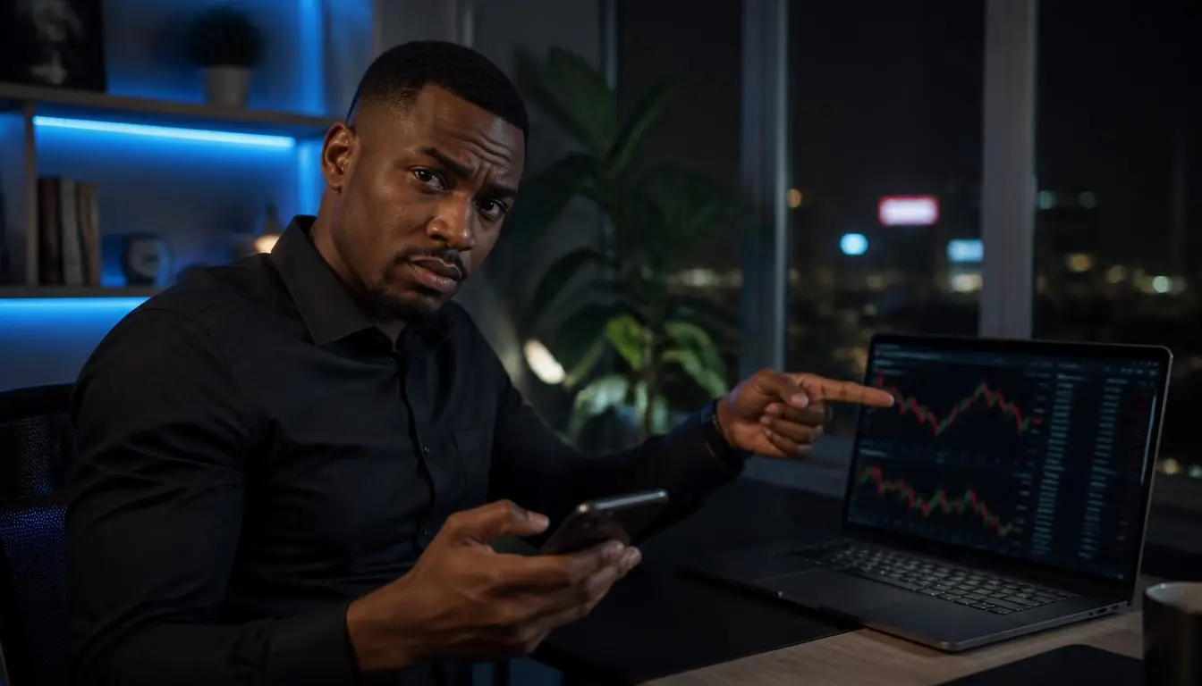 rendement crypto arnaque — jeune professionnel africain analysant une promesse suspecte sur une plateforme crypto