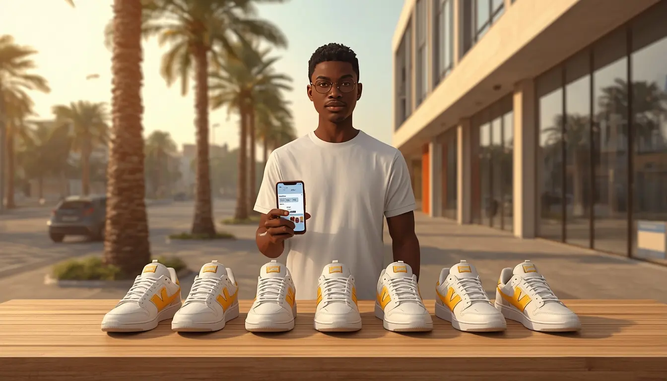 Jeune entrepreneur ivoirien présentant des sneakers coréennes sur sa boutique Jumia depuis Abidjan pour générer 180 000 FCFA
