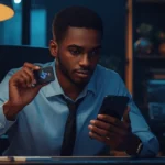 Jeune professionnel africain comparant un wallet crypto ou exchange pour conserver ses cryptomonnaies en sécurité depuis Abidjan