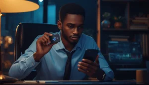 Jeune professionnel africain comparant un wallet crypto ou exchange pour conserver ses cryptomonnaies en sécurité depuis Abidjan