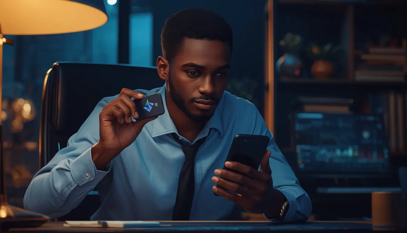 Jeune professionnel africain comparant un wallet crypto ou exchange pour conserver ses cryptomonnaies en sécurité depuis Abidjan