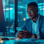 Jeune Ivoirien consultant Wise sur son smartphone pour recevoir un virement en FCFA sur son compte bancaire en Côte d'Ivoire