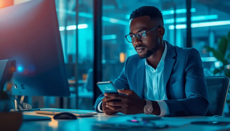 Jeune Ivoirien consultant Wise sur son smartphone pour recevoir un virement en FCFA sur son compte bancaire en Côte d'Ivoire
