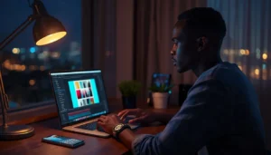 Créateur africain comparant Canva Pro vs gratuit sur son ordinateur à Abidjan