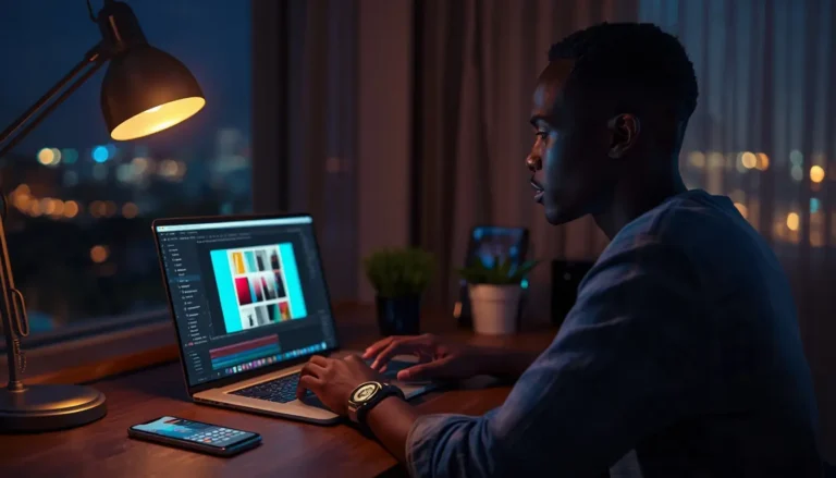 Créateur africain comparant Canva Pro vs gratuit sur son ordinateur à Abidjan