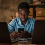 Jeune Ivoirien en train de créer une boutique en ligne en Côte d'Ivoire sur son smartphone à Abidjan