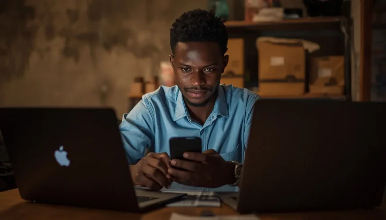 Jeune Ivoirien en train de créer une boutique en ligne en Côte d'Ivoire sur son smartphone à Abidjan