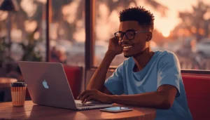Jeune freelance africain qui utilise ChatGPT pour gagner de l'argent depuis son ordinateur