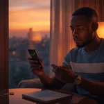 Jeune Ivoirien qui consulte son téléphone pour investir en ETF depuis l'Afrique avec 10 000 FCFA