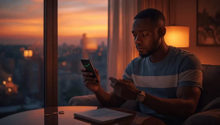 Jeune Ivoirien qui consulte son téléphone pour investir en ETF depuis l'Afrique avec 10 000 FCFA